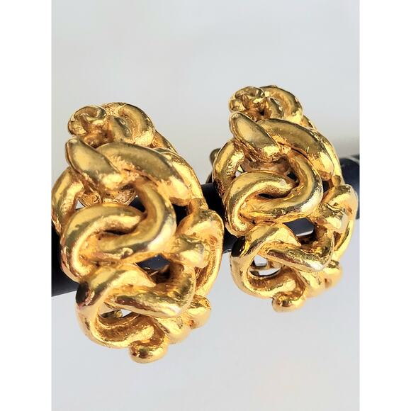 Sonia Rykiel Gold Earrings Chunky Clip-On Signed Vintage Mid Century Modern MCM - Picture 2 of 11